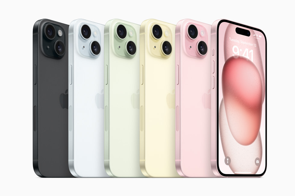 Photo of all iPhone 15 colors available- (in order left to right) black, sky blue, green, yellow, pink and lavender