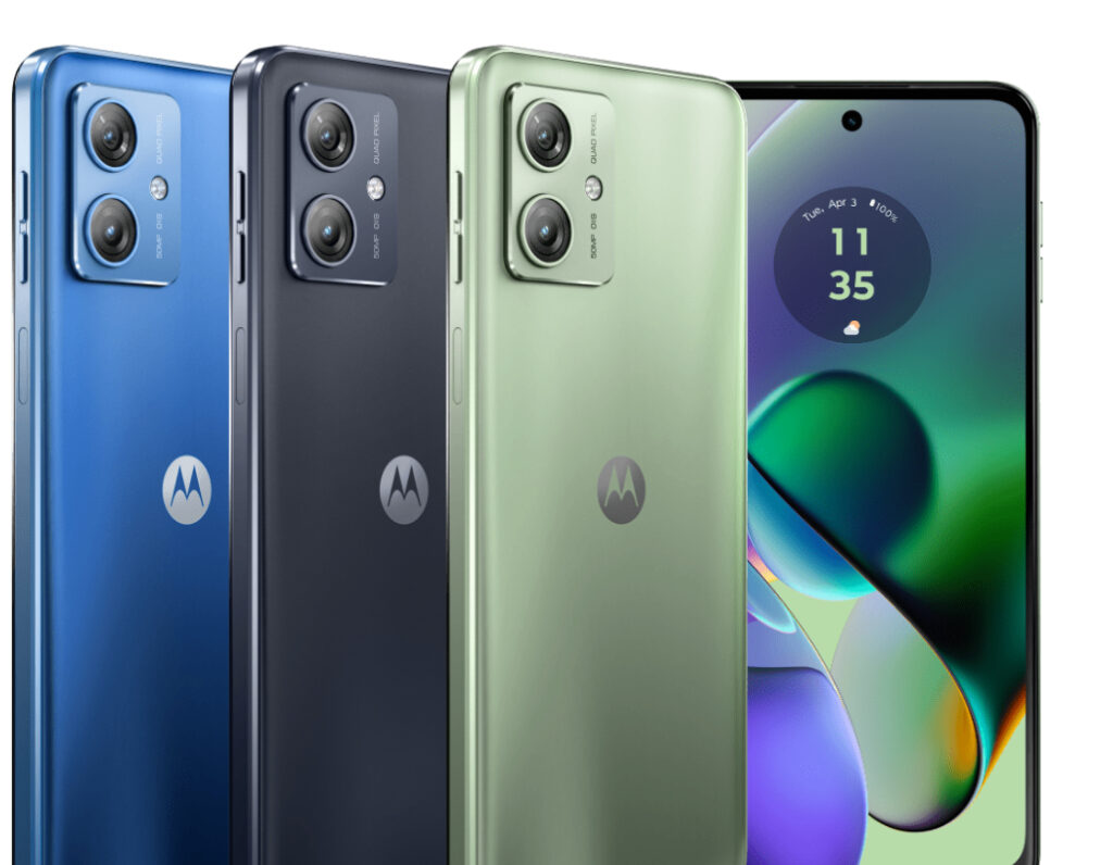 Photo of all Moto G54 colors available- (in order left to right) blue, black, green and a screen