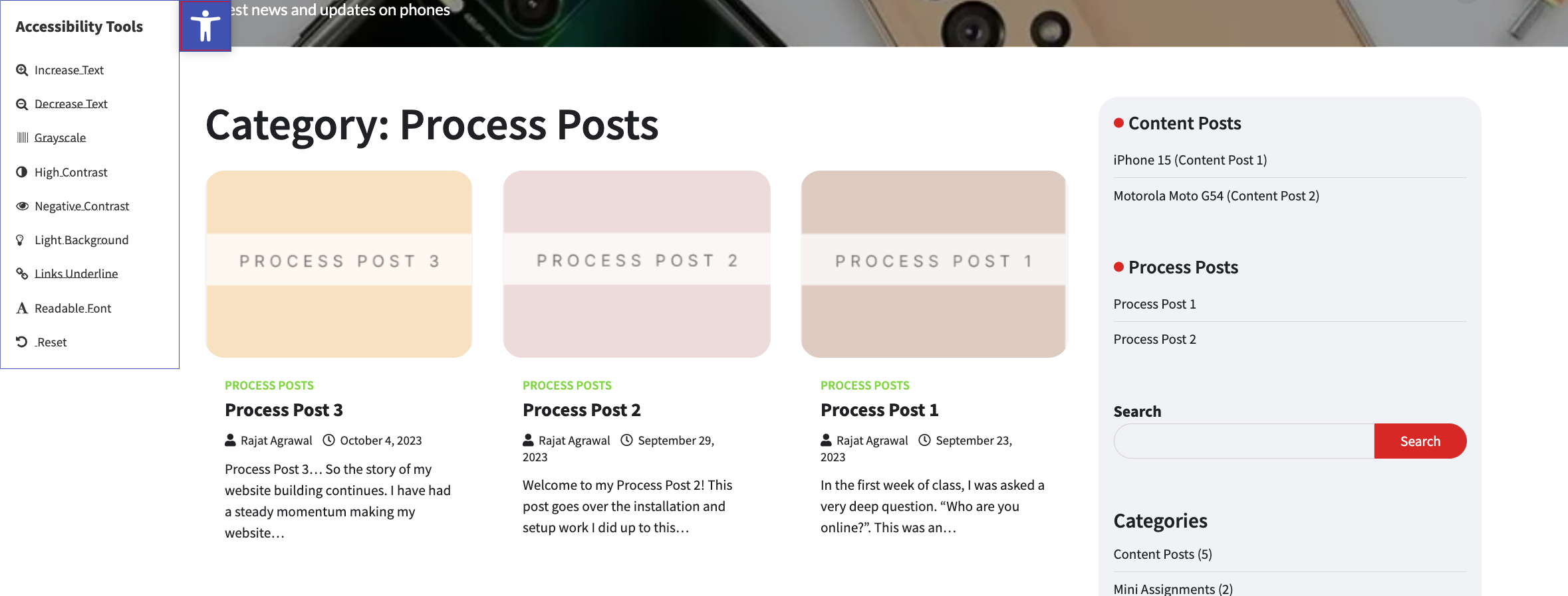 a screenshot of the accessibility plug on the right and a list of process posts to show the different colored posts