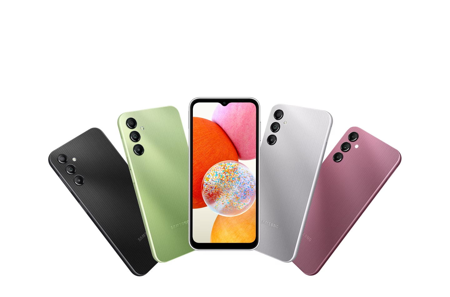 Different colours of the Galaxy A14- (left to right) black, green, screen view, silver, lavender