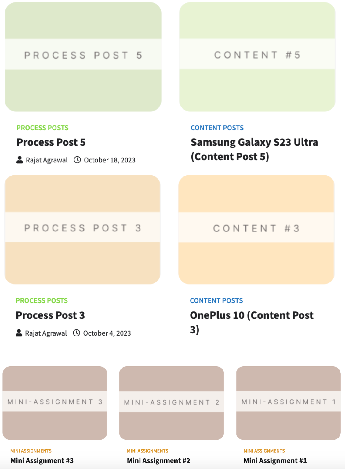 example of similar colored featured images for process posts, content posts and the category of mini assignments