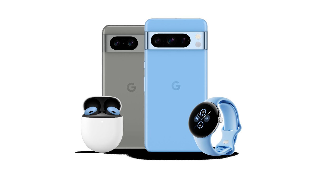 Photo of the Pixel 8 Pro in the black and blue colors, surrounded by wireless earphones as well as a blue google watch