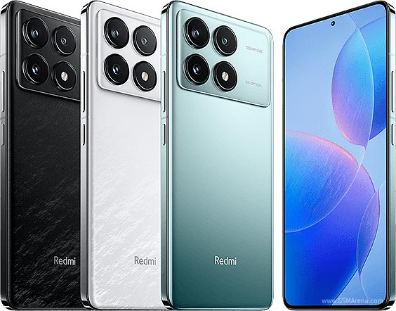 Photo of the Xiaomi Redmi K70 Pro- left to right: black, white, teal, front view